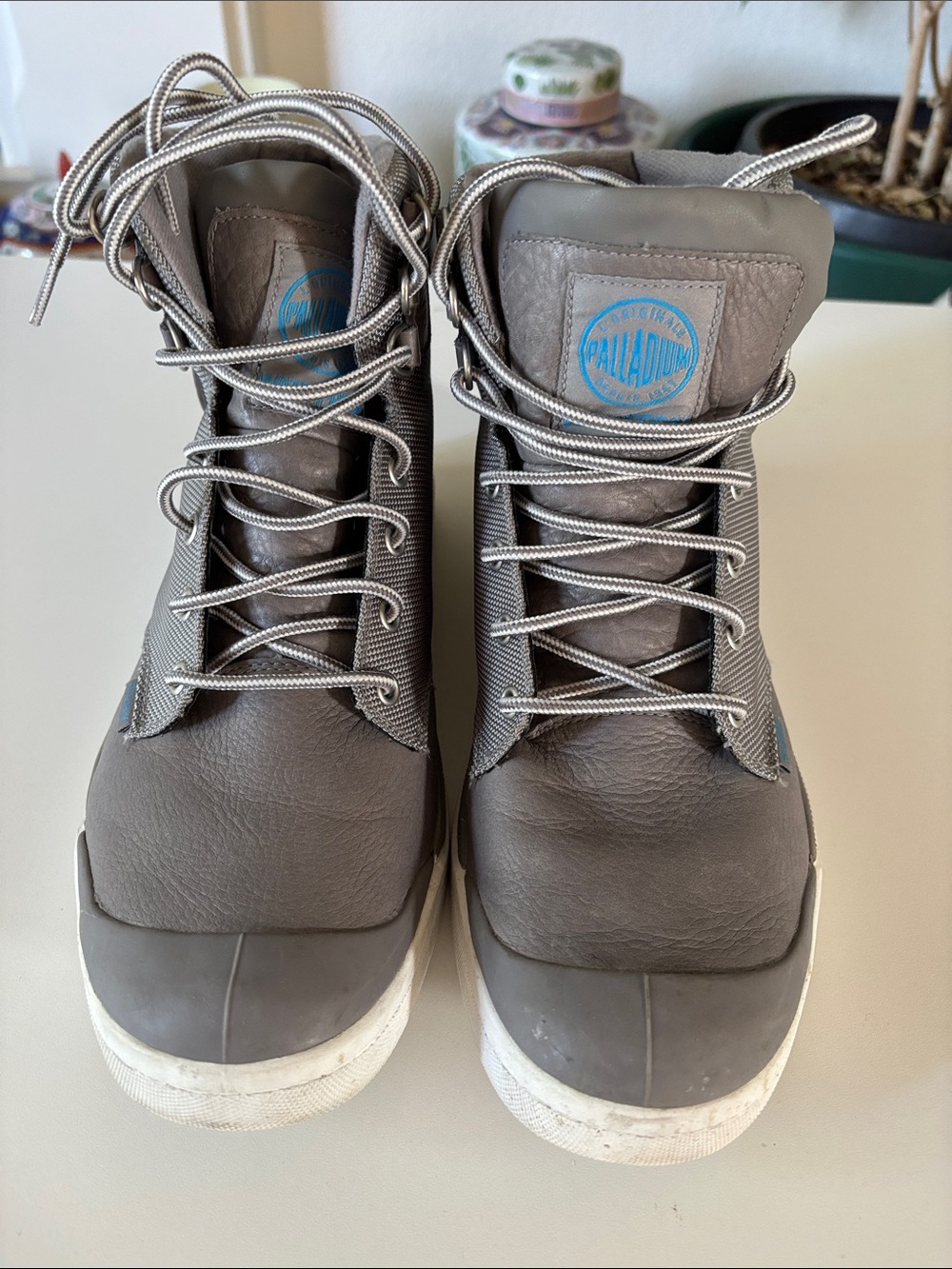 Palladium Men’s Gray Lace-Up High-Top Boots with Blue Logo